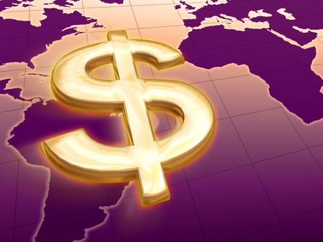 3d golden dollar over violet world map