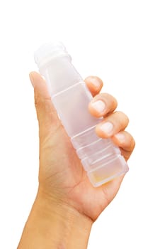 Hand Holding a Bottle Isolated on White Background