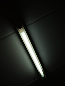 Detail of a fluorescent tube mounted on a wall, false green color light