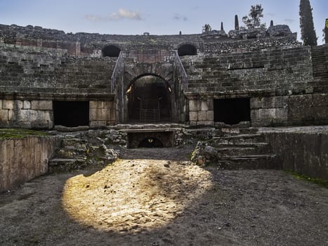Merida, November 2012. Roman Amphitheater ruins in Merida, capital of Extremadura region in Spain. Year 8 B.C. 15,000 spectators. Archeological site UNESCO World Heritage Site. Interior view.
