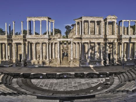 Merida, November 2012. Roman Theater ruins in Merida, capital of Extremadura region in Spain. Year 16 - 15 B.C.  Nowadays in use for performances. Archeological site UNESCO World Heritage Site.