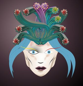 Medusa head with blue hair and blue eyes