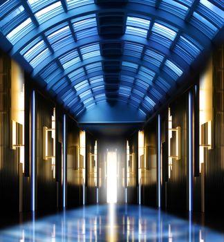 Futuristic perspective hallway modern corridor glass roof