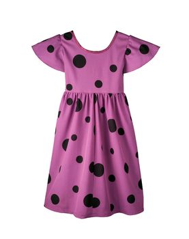 Pattern of children's summer lilac dress with a pattern of black balls on the white background