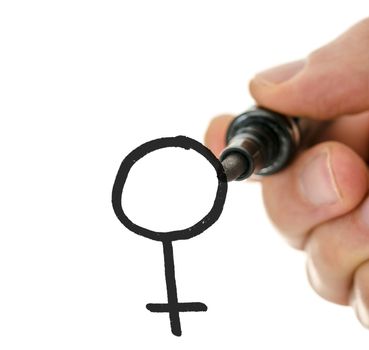 Male hand drawing female symbol with black marker on virtual whiteboard.