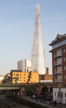LONDON, UK - 23 APRIL: The Shard towers over skyline of London on 23 April 2013. The tower at 1016 feet high is the tallest building in the European Union