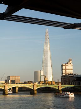 LONDON, UK - 23 APRIL: The Shard towers over skyline of London on 23 April 2013. The tower at 1016 feet high is the tallest building in the European Union