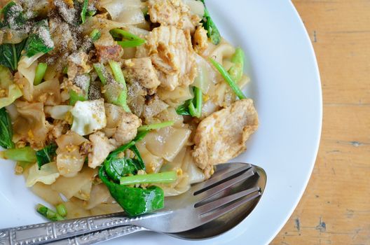 Stir Fried Rice Noodle with egg,  pork and , Thai food