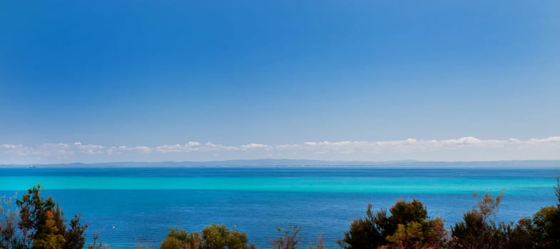 Panoramic view over low trees of the tropical blue ocean off the Spanish coast