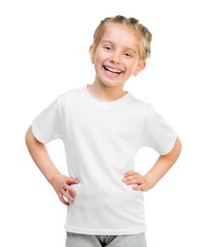 Cute little girl in white t shirt over white background