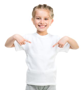 Cute little girl in white tshirt isolated on a white background