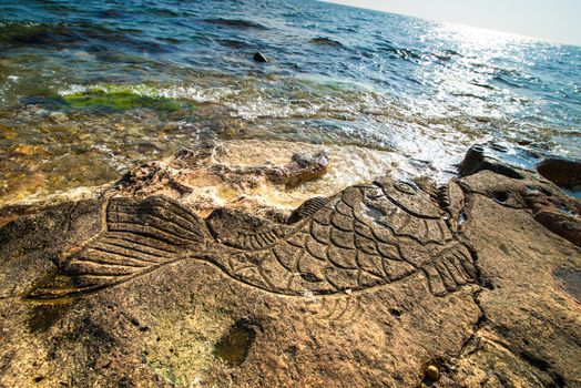 Rock carvings on the beach (big sea fish) near Sevastopol (Crimea), Ukraine, May 2013