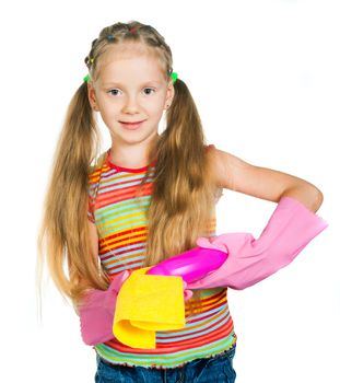 Cute smiling little girl with detergents on white background