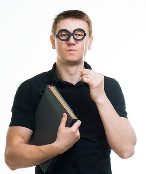 comical man with fake glasses and book isolated on a white background