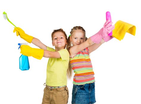 smiling kids with detergents on white background