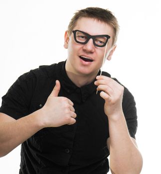 funny man with fake glasses thumbs up isolated on a white background