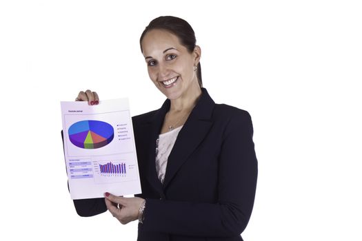 Smiling business woman showing a report document