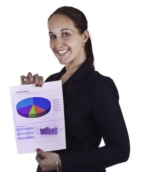 Smiling business woman showing a report document