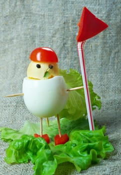 child breakfast.	soldiermade from eggs, small radish,tomato