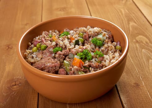 Russian Buckwheat porridge  vegetables und beef closeup