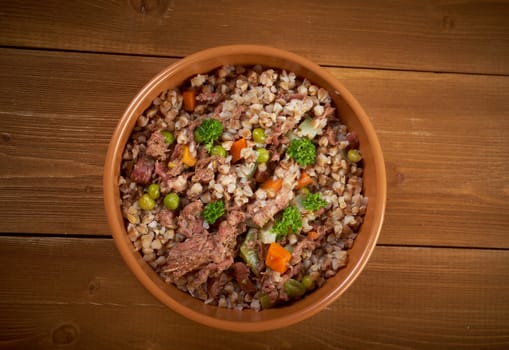 Russian Buckwheat porridge  vegetables und beef closeup