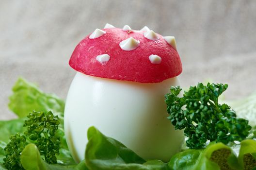 breakfast for child. mushrooms made from boiled egg ,small radish