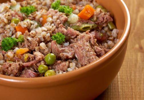 Russian Buckwheat porridge  vegetables und beef closeup