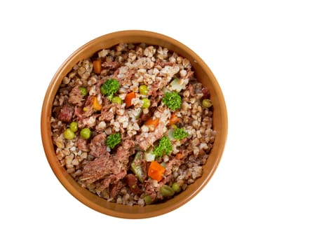 Russian Buckwheat porridge  vegetables und beef closeup