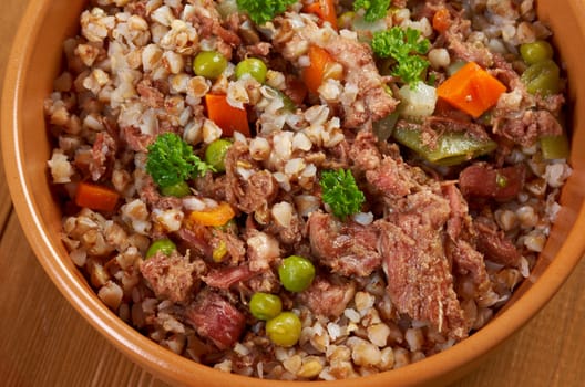 Russian Buckwheat porridge  vegetables und beef closeup