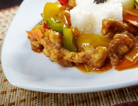 pork with vegetable and soya sauce.closeup.chinese cuisine