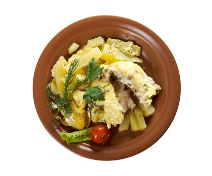	farm-style 	country Codfish with potatoes and onions baked