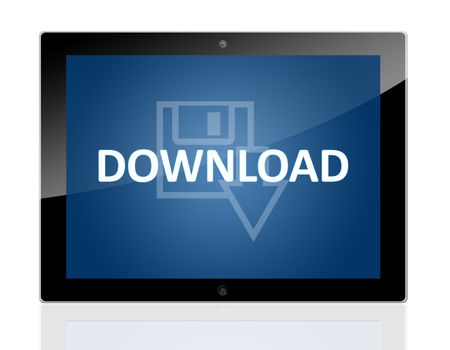 Tablet PC with a Disk Icon and word Download on blue background - isolated on white background