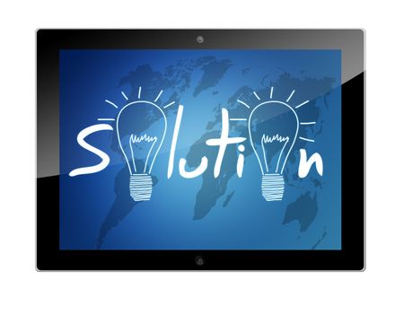 Tablet computer with a Solution illustration on blue background with world map
