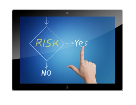 Tablet Computer with a risk management flow chart and a hand pointing to the word yes