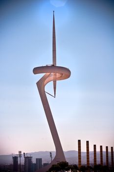 Graceful symbolic structure of the Telecommunications Tower in Barcelona which represents an Olypmpic athlete with a torch
