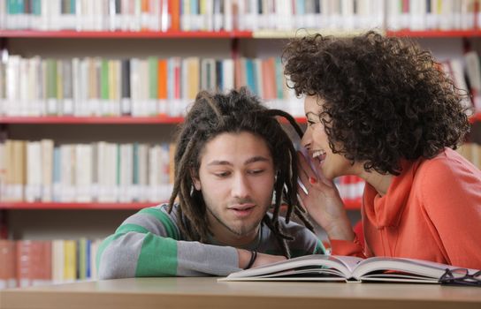 Two youngstudents  telling secrets indoors in library