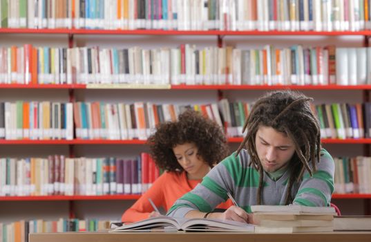 Two students in a library