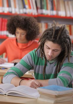 Two students in a library