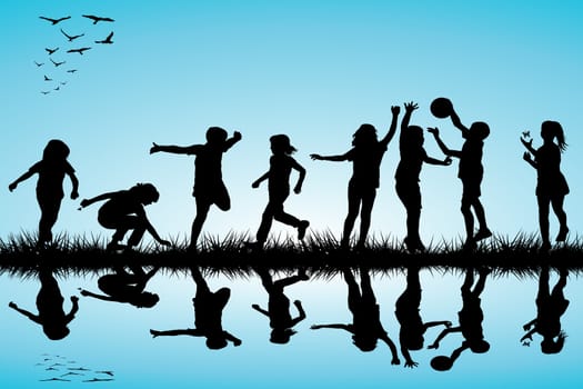 Group of children silhouettes playing outdoor