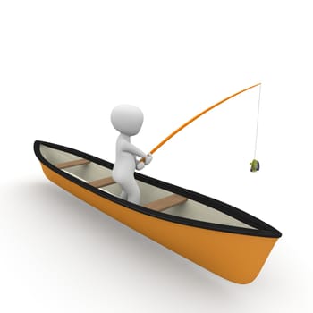 A character is fishing in his own orange boat.