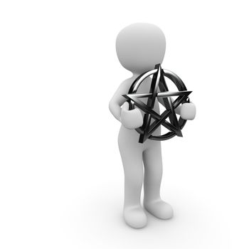 A character holding a black pentagram in his two hands.