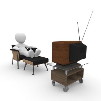 A character is sitting on the armchair and watch TV.