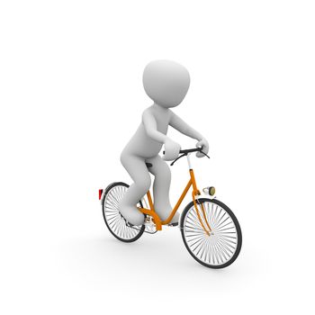 A character runs comfortably on an orange bike along the road.