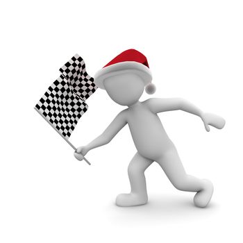 A character swings the flag for the winner of the Christmas race.