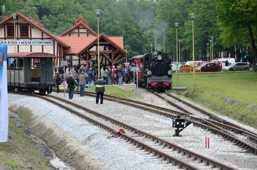 KROSNICE, DOLNY SLASK, POLAND - MAY 25: Restored narrow gauge railroad in Krosnice. Crowded station during opening event on 25 May 2013 in Krosnice, Poland.