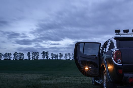 stopped car with opened door facing trees silhouettes at sunset