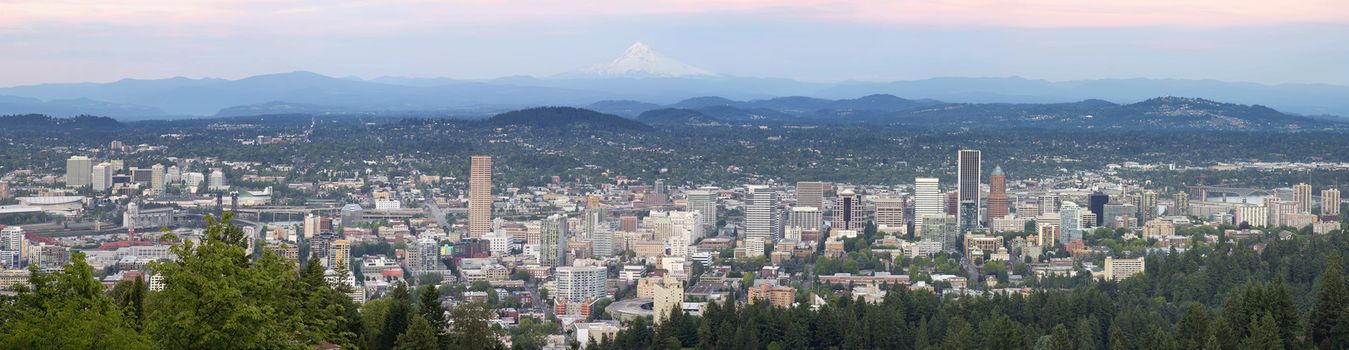 Portland Oregon Downtown Cityscape with Mount Hood During Sunset Panorama