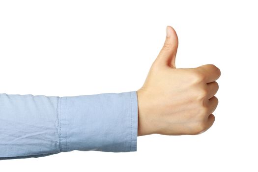 Person giving the thumbs up isolated on white