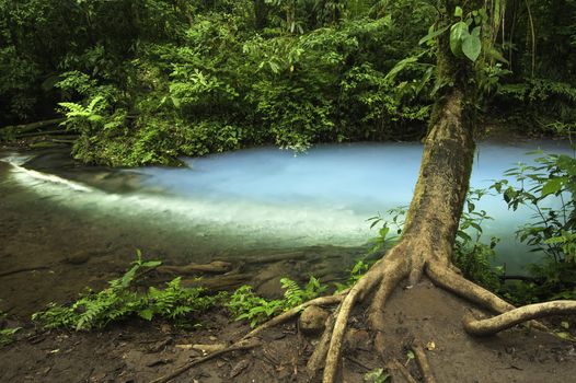 Chemicals contained within the waters of two rivers react to create a vivid blue color.