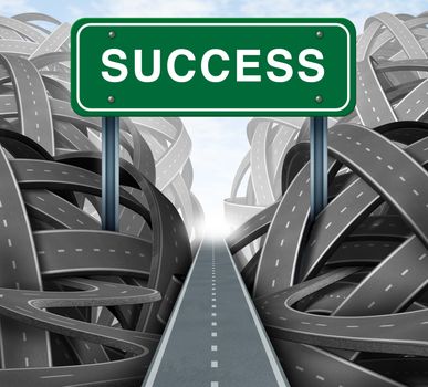 Clear strategy and financial planning road with a green highway sign and the word success as a business concept of winning solutions cutting through adversity through determination as tangled paths of confusion and chaos.